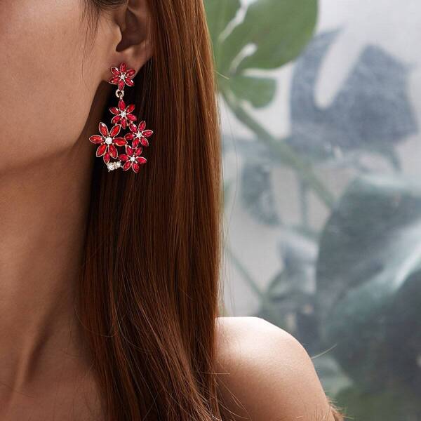 

Gemstone Flower Drop Earrings 1pair, Red