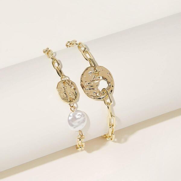 

Faux Pearl & Textured Round Decor Chain Bracelet 2pcs