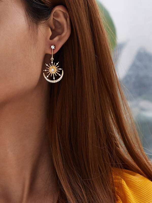 

Rhinestone Engraved Star & Moon Drop Earrings 1pair, Gold