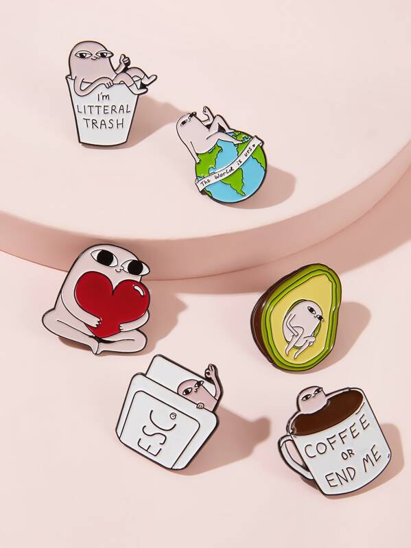 

Cartoon Heart & Map Design Brooch 6pcs, Multicolor
