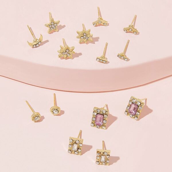 

Rhinestone Decor Star & Moon Stud Earrings 7pairs, Gold