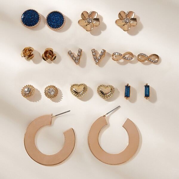 

Flower & Heart Stud Earrings 9pairs, Multicolor