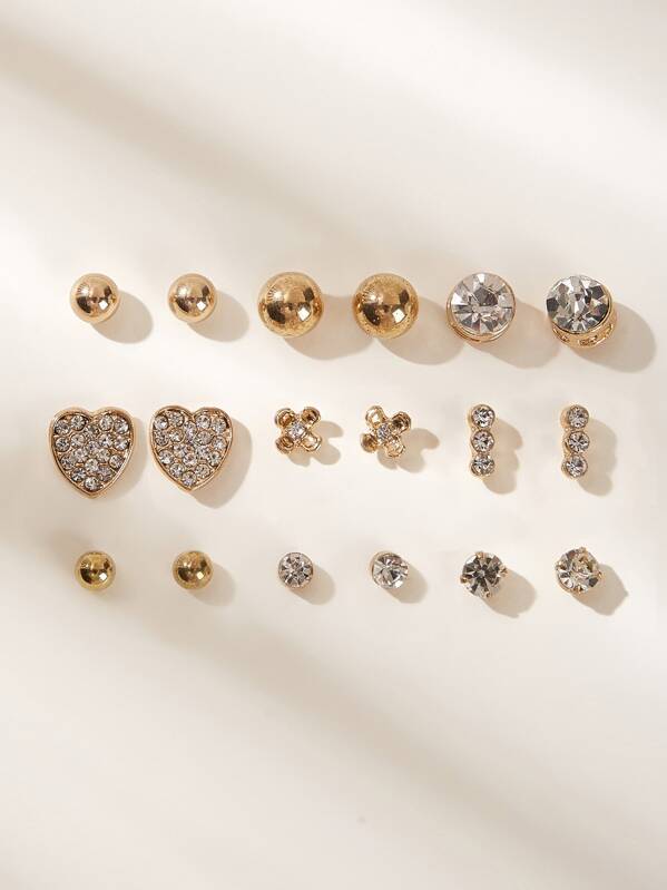 

Rhinestone Engraved Flower & Heart Earrings 9pairs, Gold