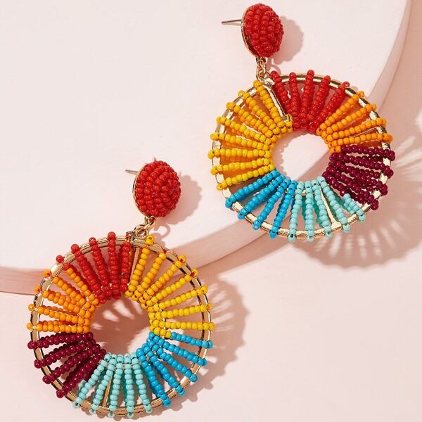 

Round Beaded Hoop Drop Earrings 1pair, Multicolor