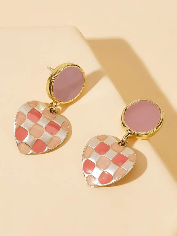 

Plaid Pattern Heart Drop Earrings 1pair, Multicolor