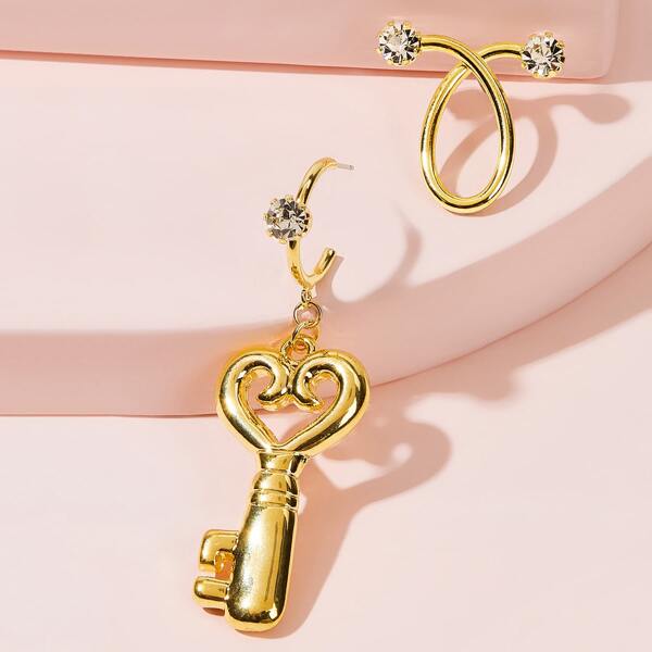 

Heart Shaped Key Mismatched Drop Earrings 1pair, Gold