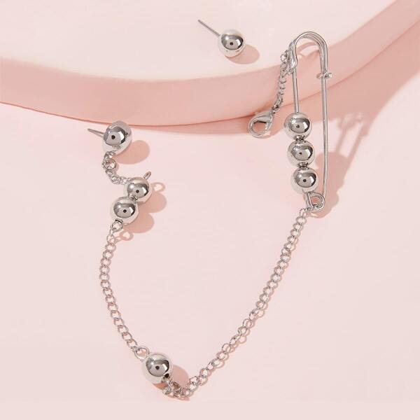

Ball & Paper Clip Decor Chain Mismatched Ear Cuff 1pair, Silver