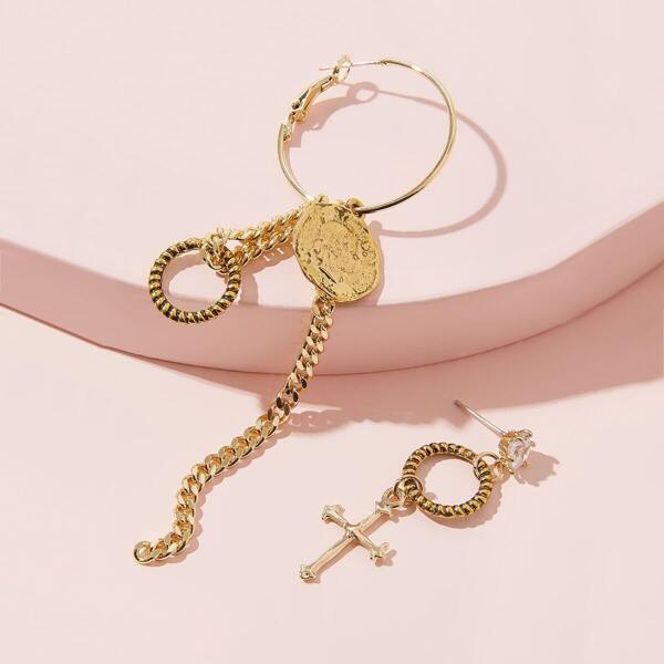 

Cross & Link Mismatched Drop Earrings 1pair, Gold