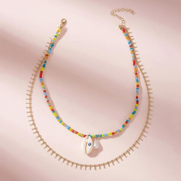 

Shell & Faux Pearl Charm Beaded Layered Necklace 1pc