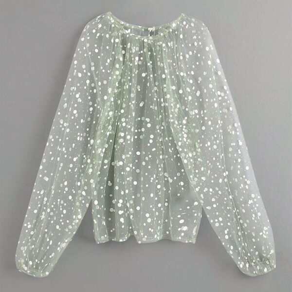 

Polka Dot Keyhole Back Sheer Mesh Blouse, Green