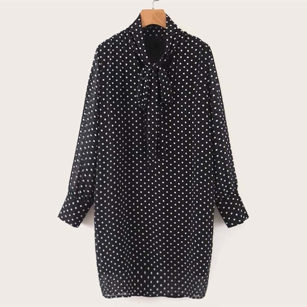 

Polka Dot Print Tie Neck Dress, Black and white