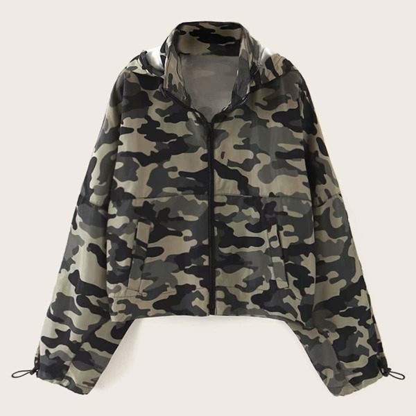 

Camo Print Drawstring Cuff Zip Up Jacket, Multicolor