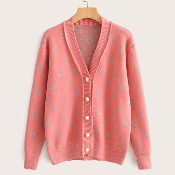 Geometric Print Pearls Button Front Cardigan