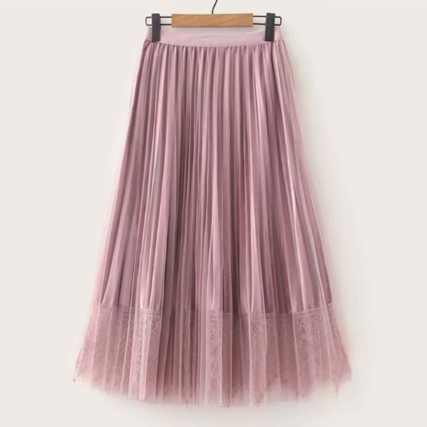 

Pleated Contrast Lace Overlay Mesh Skirt, Pink