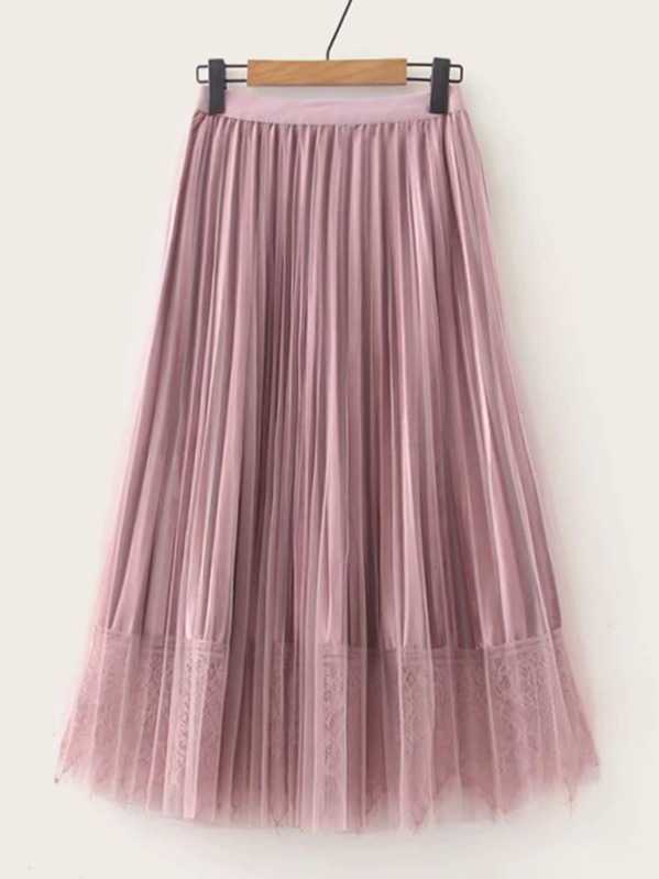 

Pleated Contrast Lace Overlay Mesh Skirt, Pink
