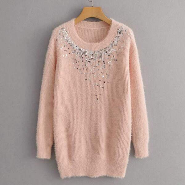 

Contrast Sequin Fluffy Longline Sweater