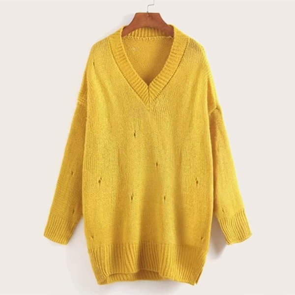 V-Neck Ripped Mohair Longline Sweater