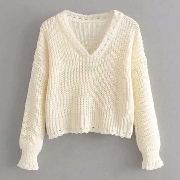 

Solid V-Neck Drop Shoulder Sweater, Beige