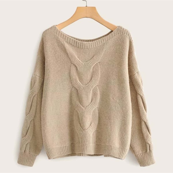 

Solid Cable Knit Drop Shoulder Sweater, Khaki