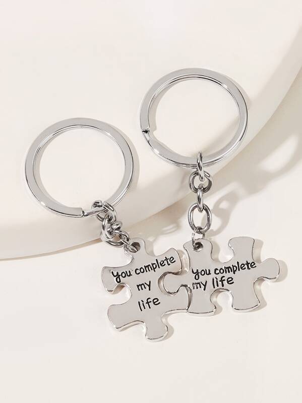 

Slogan Engraved Charm Keychain 2pcs, Silver
