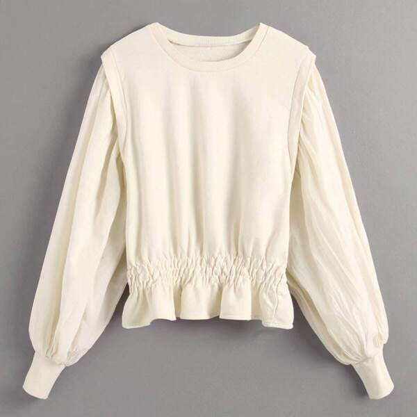 

Contrast Bishop Sleeve Shirred Ruffle Hem Sweater, Beige