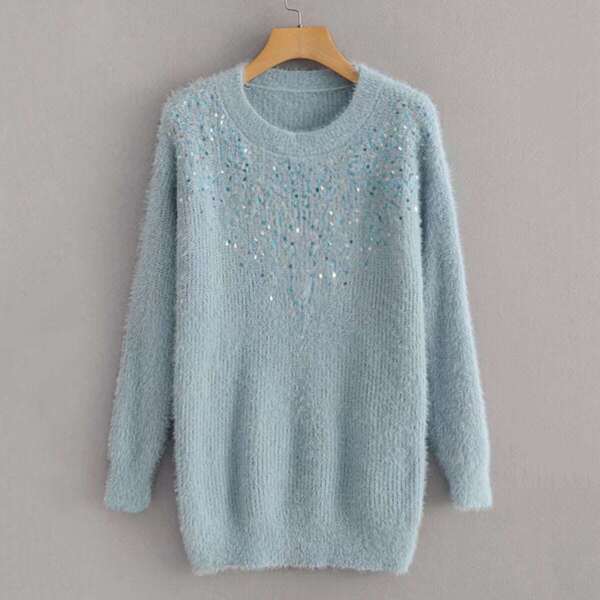 

Contrast Sequin Fluffy Longline Sweater