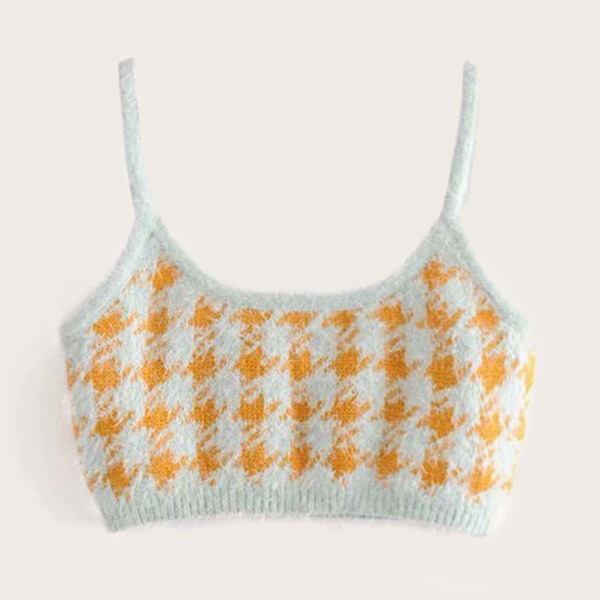 

Houndstooth Print Fuzzy Mohair Knit Top, Multicolor