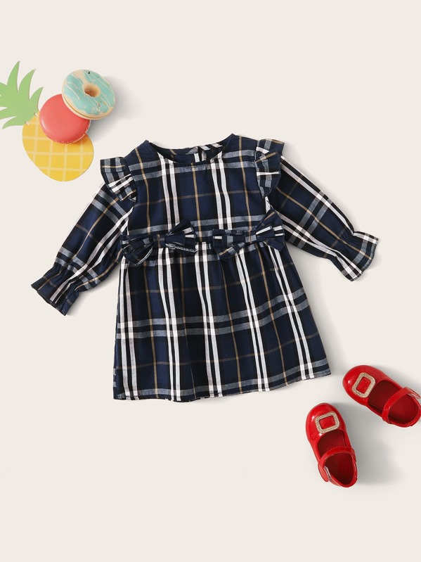

Baby Girl Double Bow Ruffle Trim Tartan Smock Dress, Navy