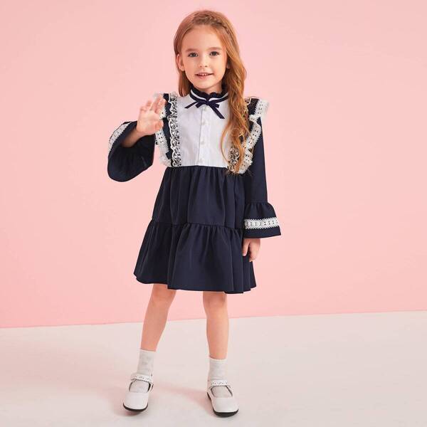 

Toddler Girls Contrast Panel Frill Neck Ruffle Smock Dress, Navy