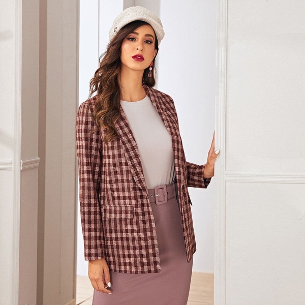 

Shawl Neck Flap Pocket Gingham Blazer