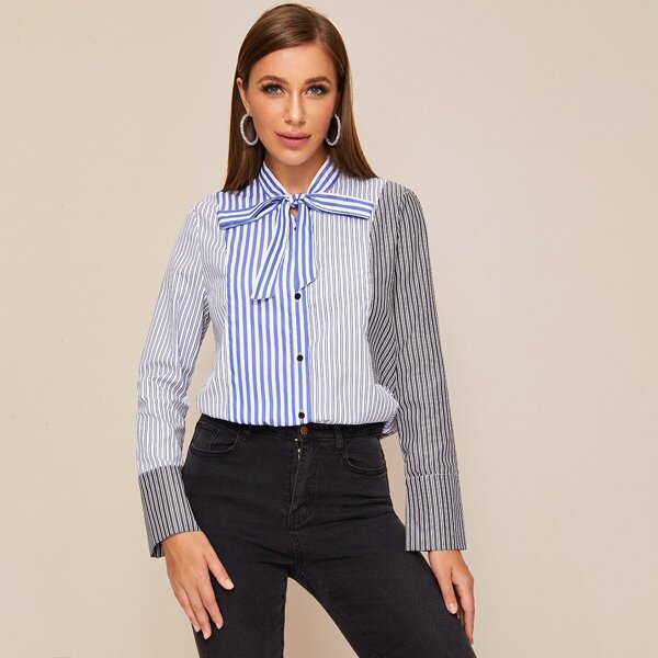 

Cut And Sew Tie Neck Striped Blouse