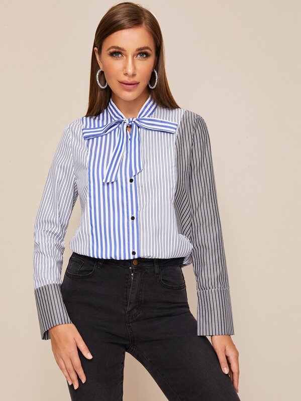 

Cut And Sew Tie Neck Striped Blouse, Multicolor, Hanna