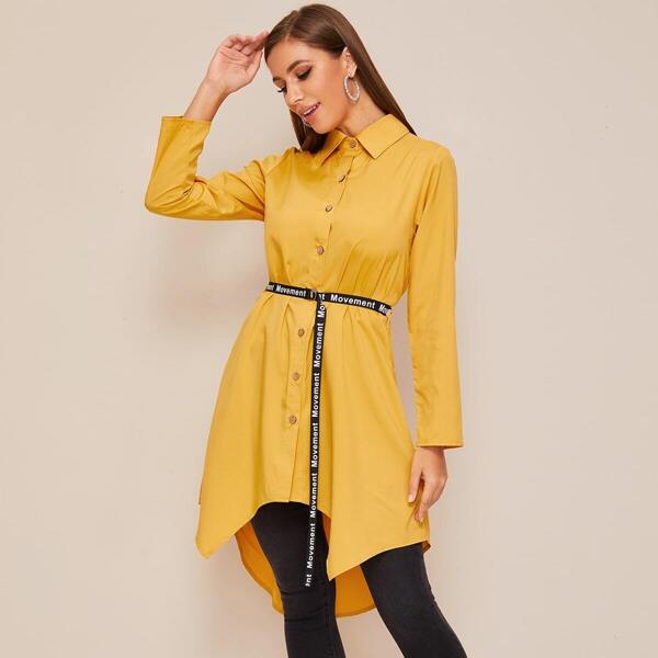 

Single Breasted Asymmetrical Hem Belted Blouse, Yellow
