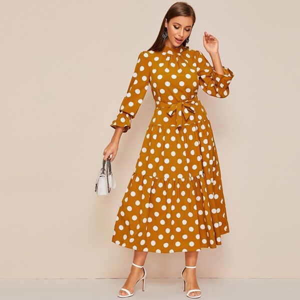 

Polka Dot Flounce Sleeve Tie Back Belted A-line Dress, Yellow