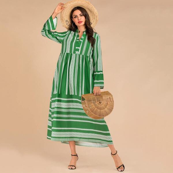 

Notched Geo And Tribal Print Smock Dress