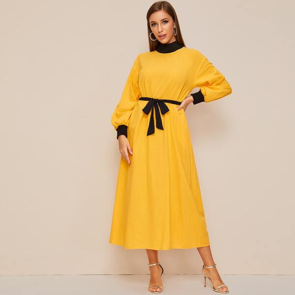 

Contrast Panel Self Tie Longline Dress, Yellow bright