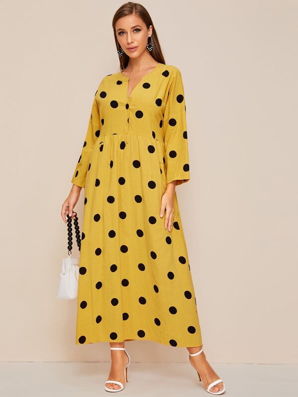 

Notched Polka Dot Print Smock Dress, Yellow, Hanna