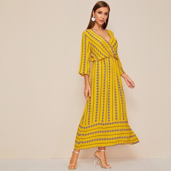 

Surplice Neck Tribal Print A-line Dress, Yellow