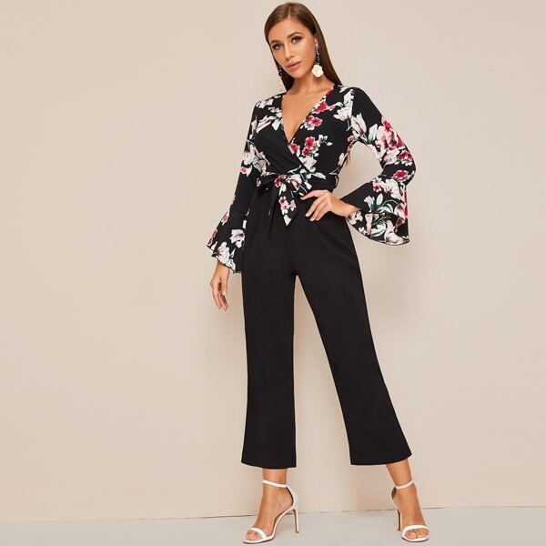 

Surplice Neck Bell Sleeve Floral Print Belted Jumpsuit, Black