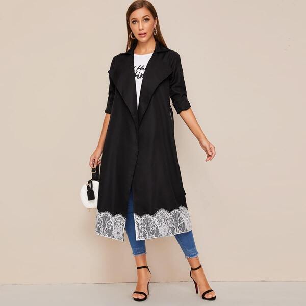 

Waterfall Contrast Lace Panel Belted Trench Coat, Black