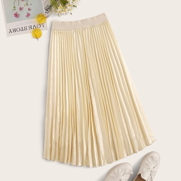 

Satin Solid Elastic Waist Pleated Skirt, Beige