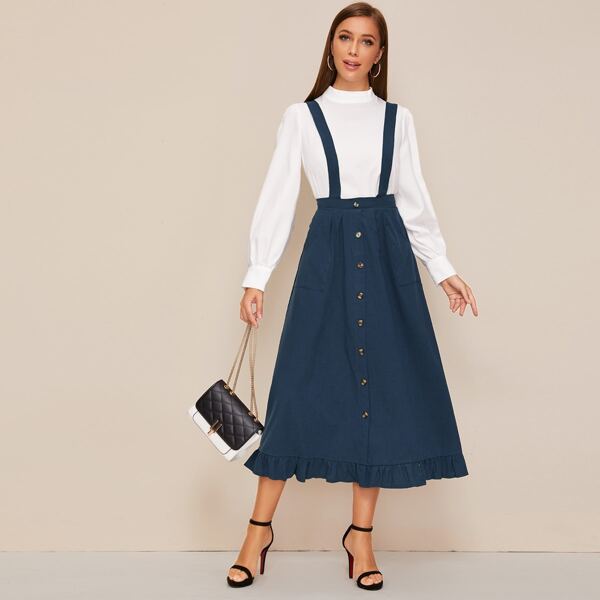 

Single Breasted Ruffle Hem Pinafore Skirt, Navy