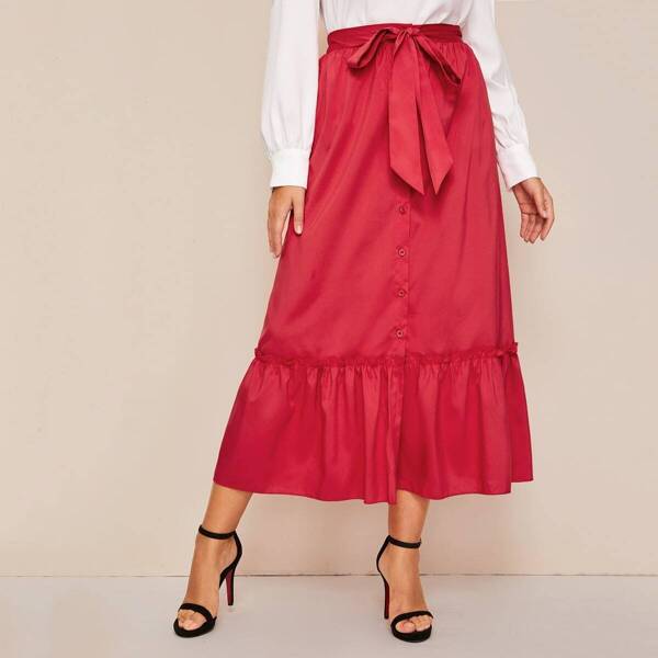 

Button Tie Front Flounce Hem Skirt, Red