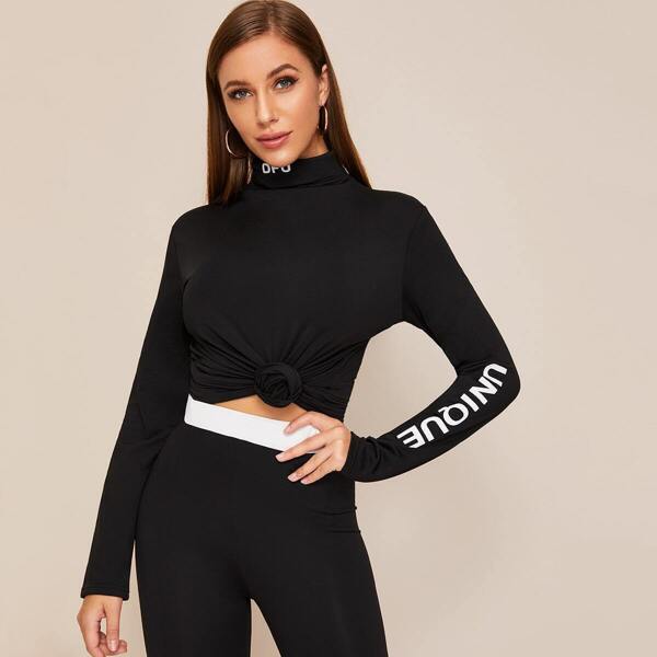 

High Neck Letter Print Slim Tee, Black