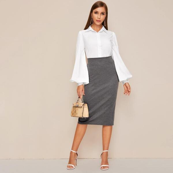 

Button Front Bishop Sleeve Blouse & Split Back Skirt, Multicolor