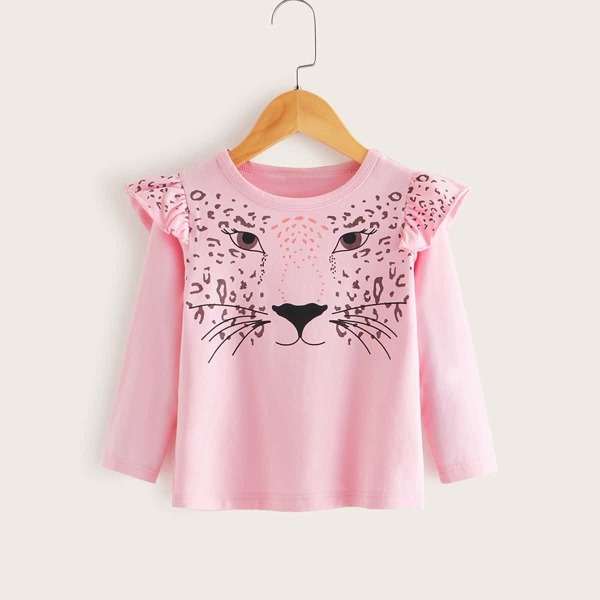 

Toddler Girls Leopard Print Ruffle Trim Tee, Pink