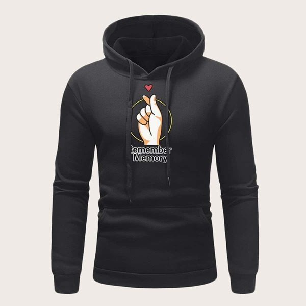 

Men Gesture And Letter Print Hooded Sweatshirt, Black
