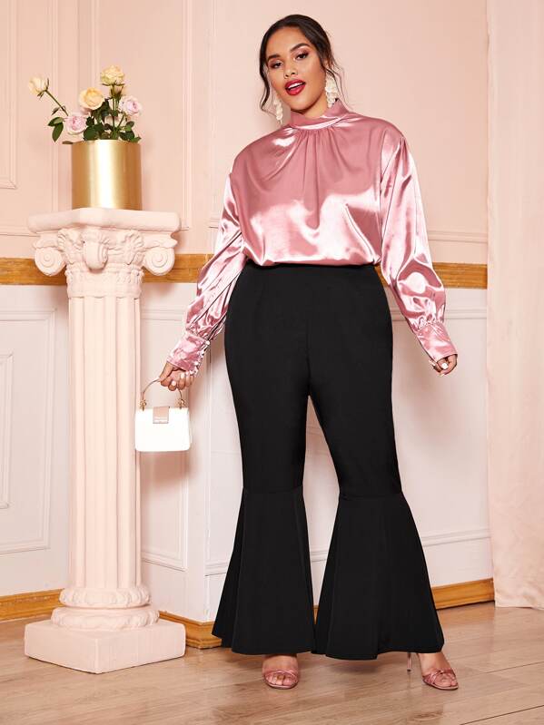 

Plus Satin Mock Neck Pleated Detail Blouse, Pink, Emilie