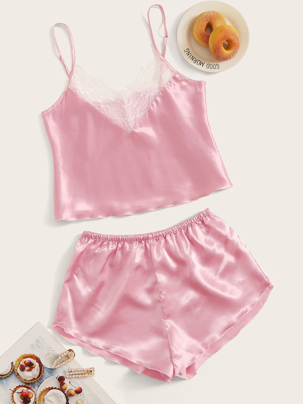

Contrast Lace Satin Cami PJ Set, Pink