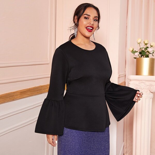 

Plus Flounce Sleeve Peplum Blouse, Black